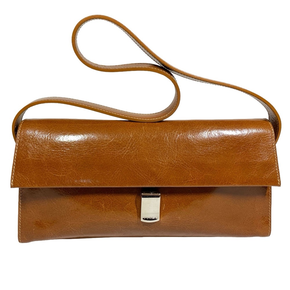 Vintage Furla Y2K East West Shiny Brown Leather Shoulder Bag